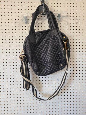 Clara NY Quilted Black Tote Bag With Striped Adjustable Crossbody Strap